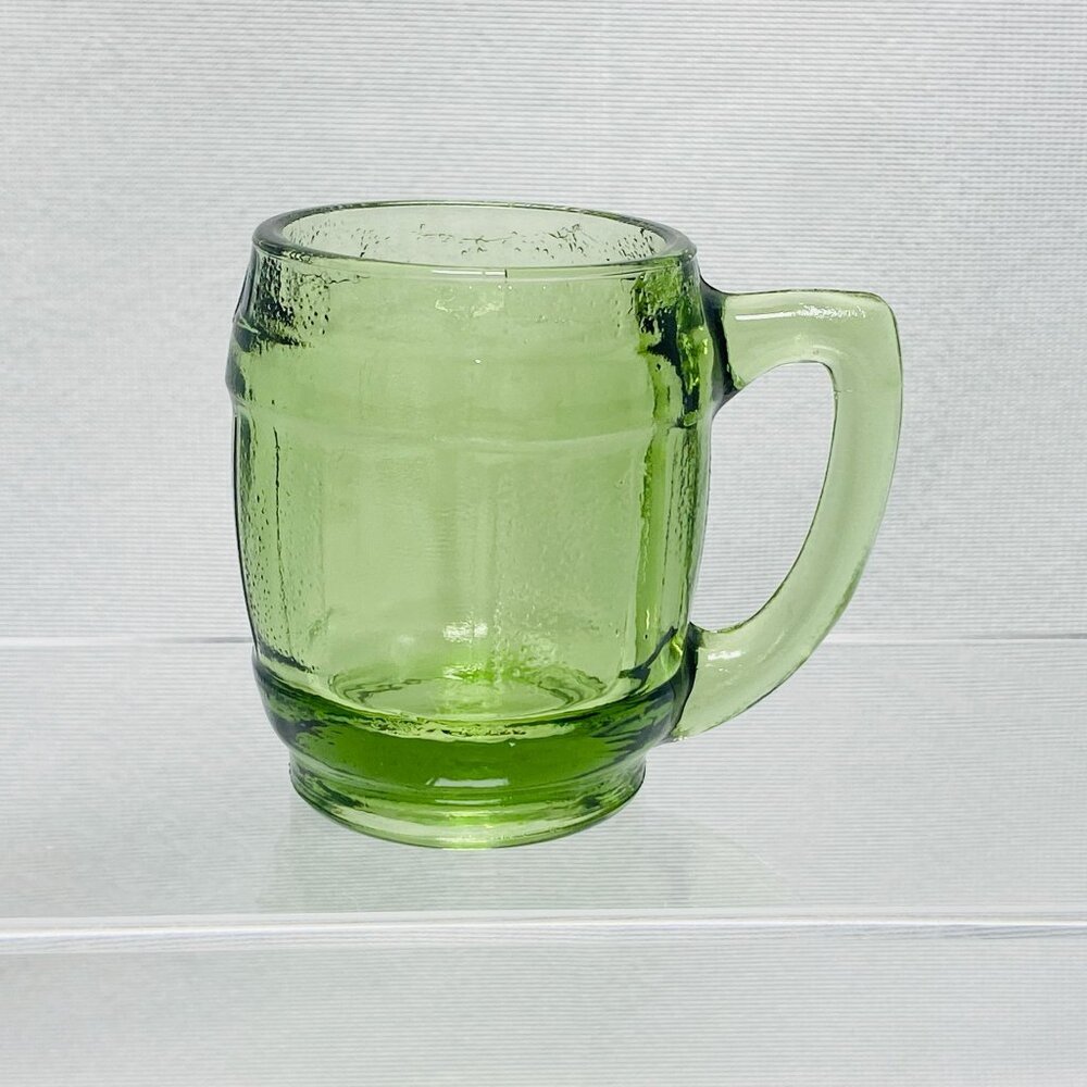 Vintage Green Glass Barrel Style Toothpick Holder / Small Beer Mug Shot Glass
